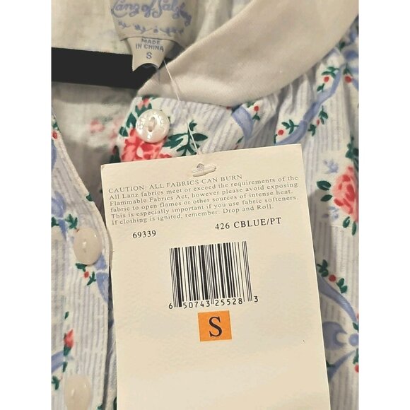 Lanz of Salzburg Red Rose Long Flannel Blue Nightgown Small Cottagecore Floral - Picture 7 of 9